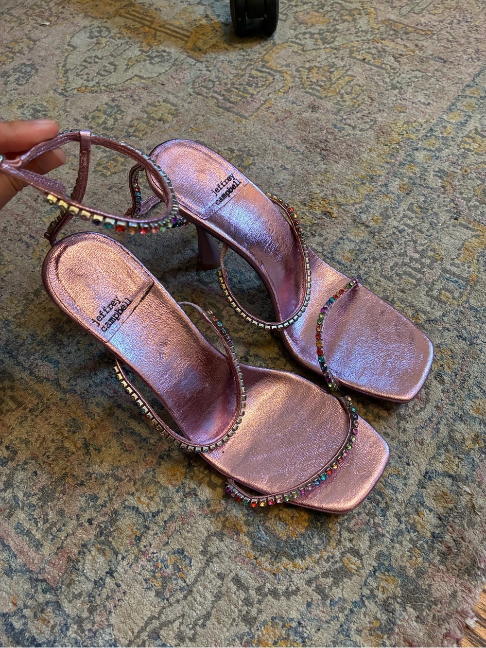 Jeffrey Campbell Metallic Pink/Rainbow Gemstone Strap Heels (*Worn Once)